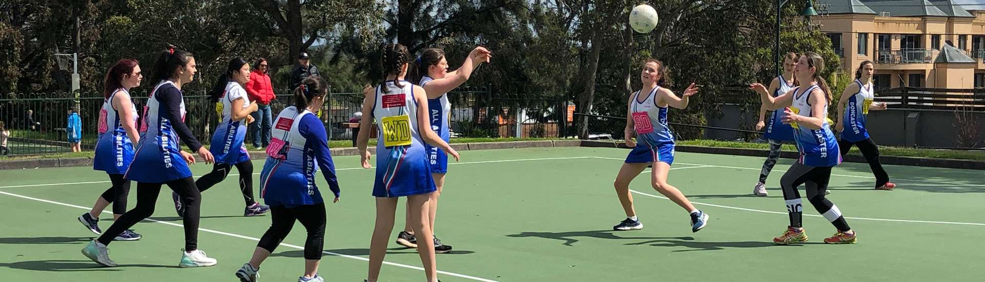 A photo of a group of participants wearing netball uniforms, playing a game of netball on a green court outside