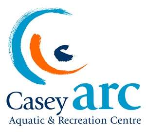 Logo of Casey ARC, featuring stylized waves and an abstract figure in blue and orange, with text "Casey Aquatic & Recreation Centre."