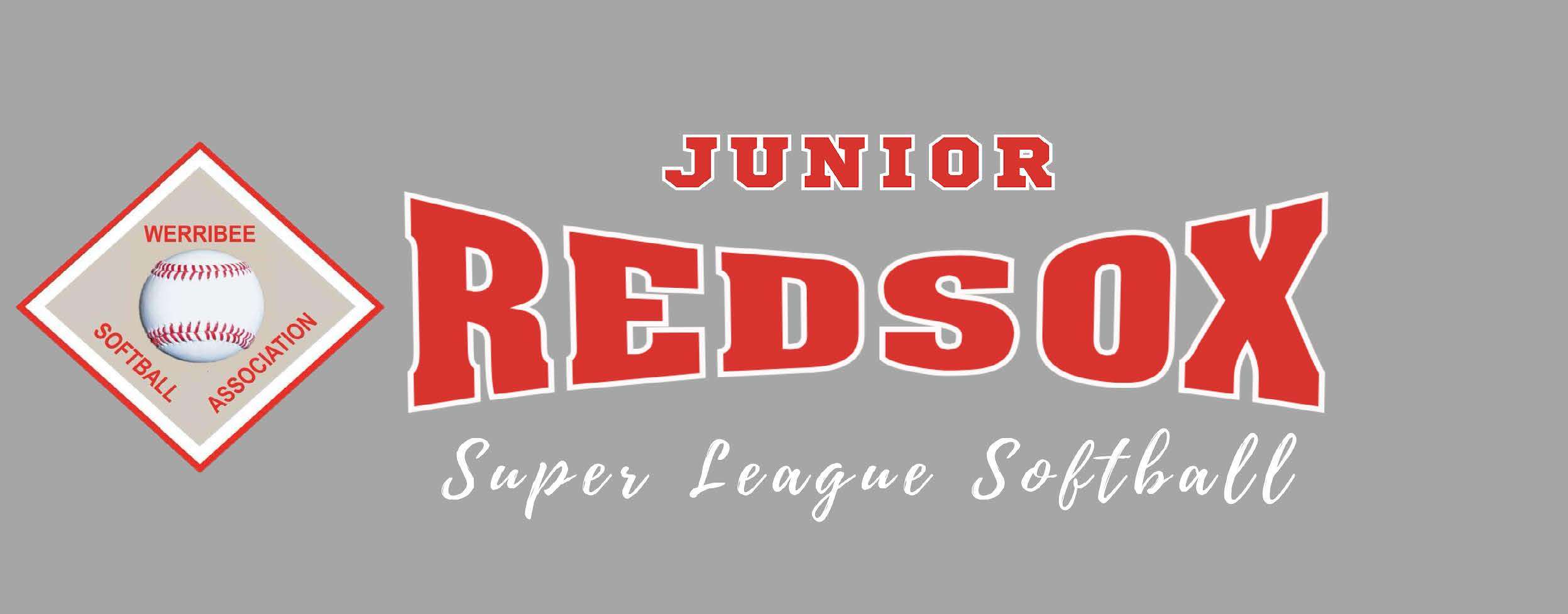 Logo for Werribee Junior Redsox Super League Softball, featuring bold red lettering on a gray background with a baseball graphic.