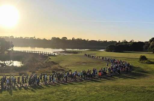A large group of runners participates in an event along a scenic lakeside path under a bright morning sun.
