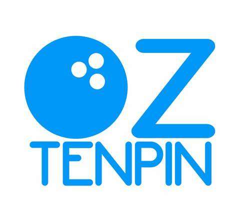 A blue and white logo featuring a blue bowling ball