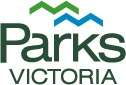 Logo of Parks Victoria featuring the word "Parks" in green, "Victoria" in bold, with stylized blue and green waves above.