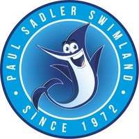 a large blue fish smiling in a circle with white text on blue background.
