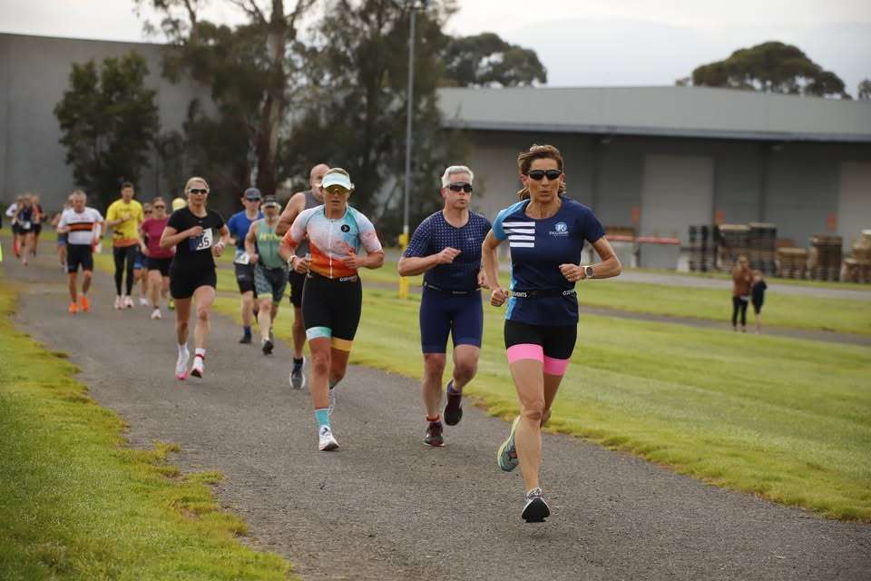 A group of people running.