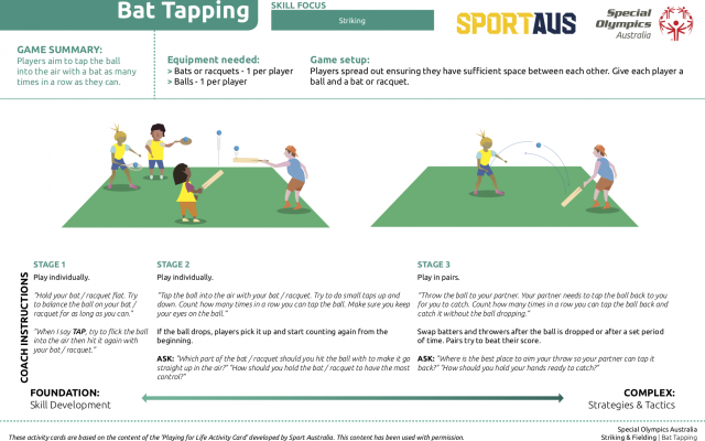 Infographic on Bat Tapping, detailing game rules, equipment, and step-by-step instructions for kids to enhance batting skills.