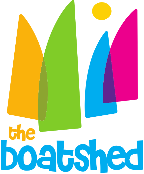 orange, green, blue and pink sails with orange and blue text on white background.