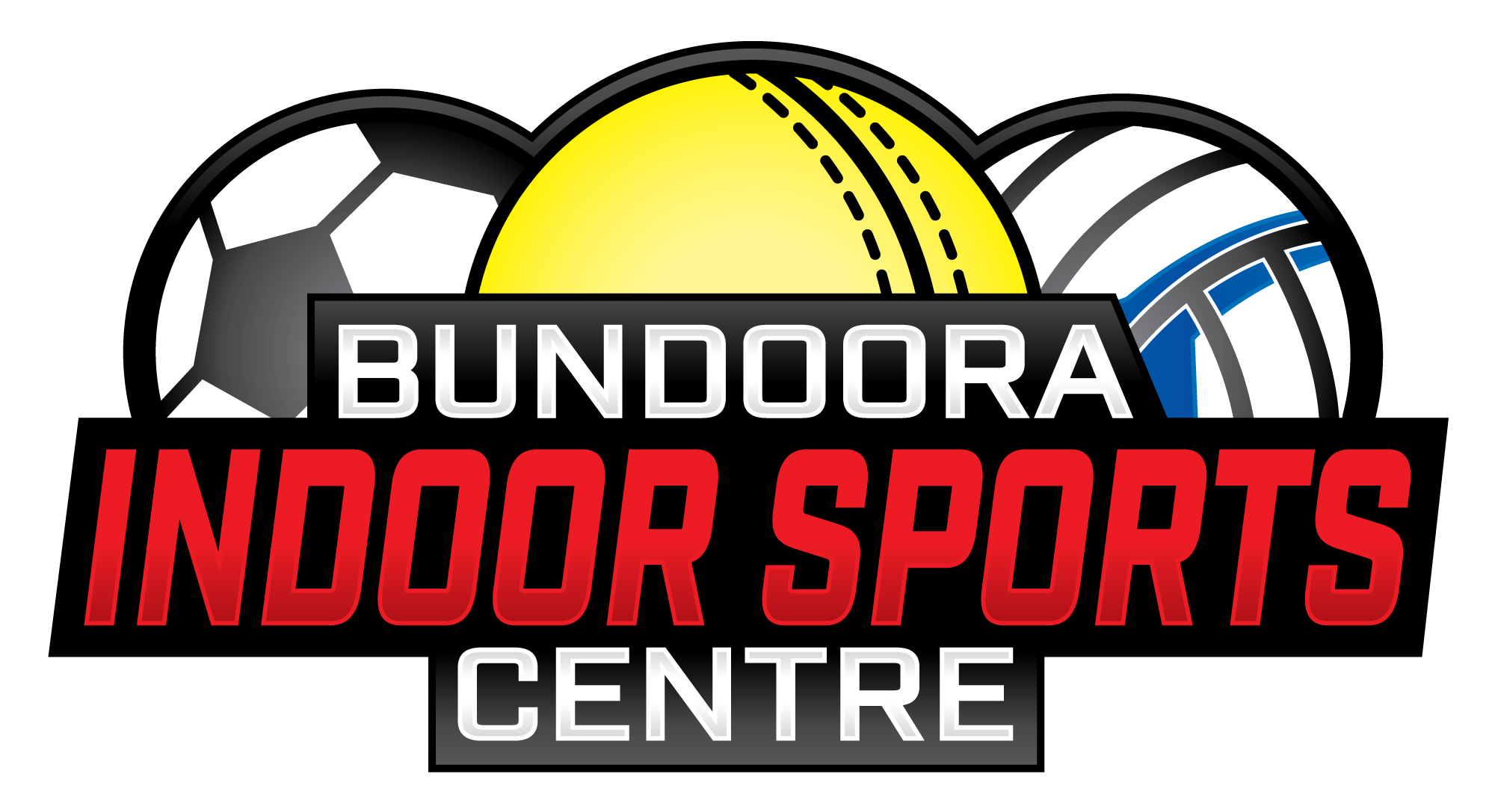 Red and white text on black background with 3 different sports balls behind.