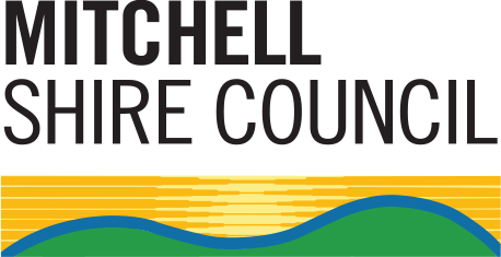 Logo of Mitchell Shire Council featuring the name in bold black text above a stylized graphic of hills and sun colors.