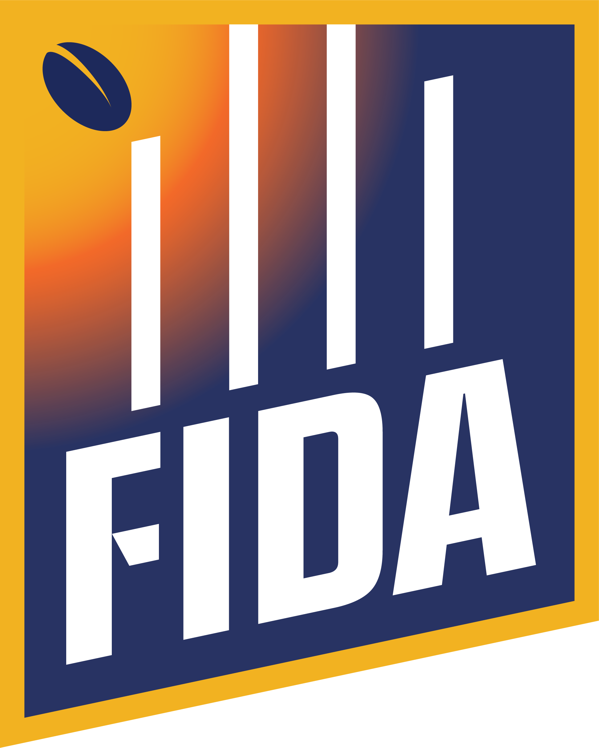 An orange and navy blue background with white goal posts and writing and a navy football