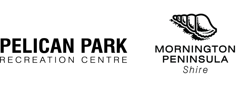 Logo for Pelican Park Recreation Centre, Mornington Peninsula Shire, featuring text and a shell graphic.