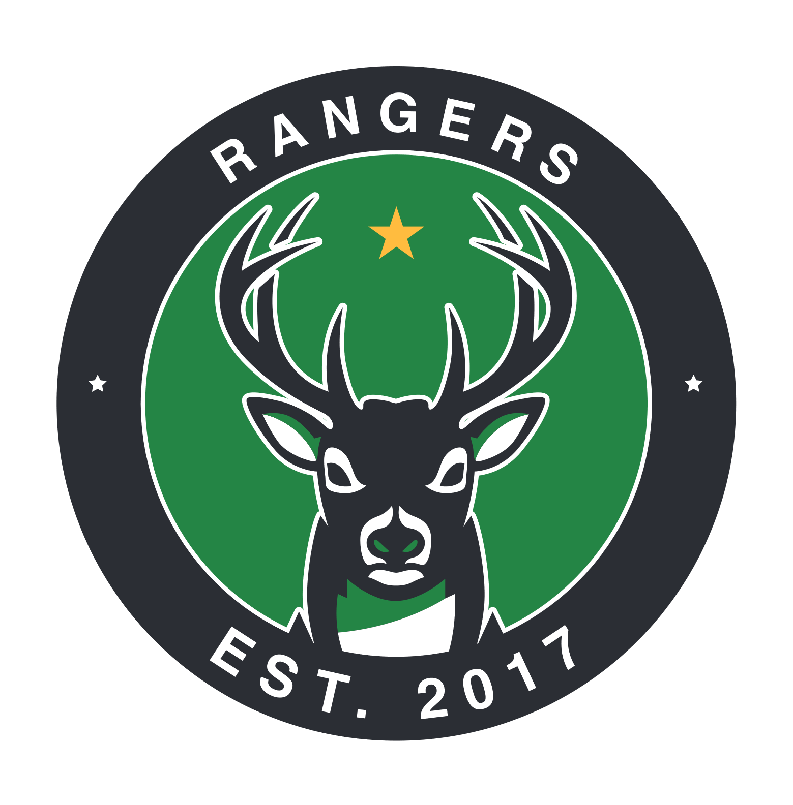 Logo featuring a stylized deer head with antlers, green background, star above, and the text "Rangers EST. 2017" in a circular design.