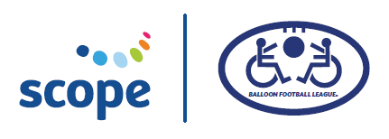 Logos of Scope, a charity for disability equality, and the Balloon Football League, promoting inclusive sports for all abilities.