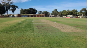 A green oval with club rooms in the background