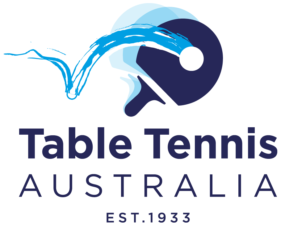 Logo of Table Tennis Australia featuring a paddle and ball with a blue wave design, established in 1935.