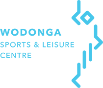 Logo of the Wodonga Sports & Leisure Centre featuring blue text and abstract geometric designs.