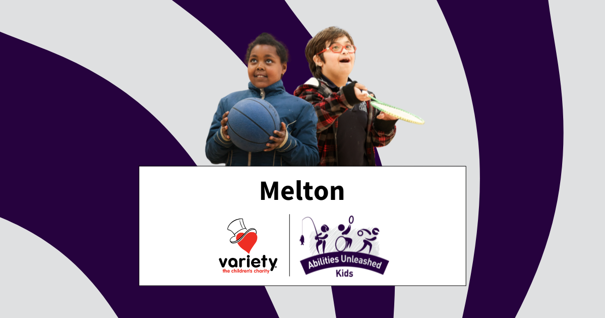 Two children stand side by side, one holding a basketball and the other a racquet, with a vibrant purple background and logos below them.